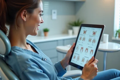 Jeune femme souriante regardant un diagramme dentaire sur une tablette