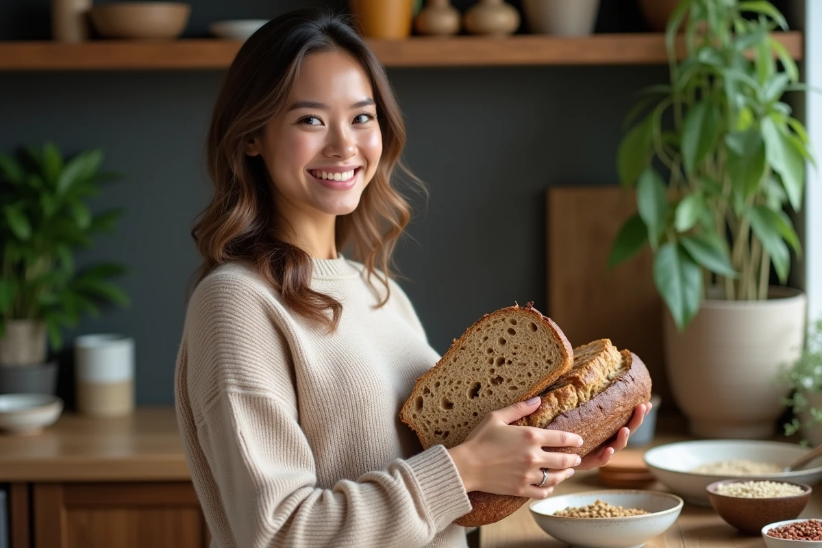 Femme souriante avec pain de seigle dans une cuisine moderne