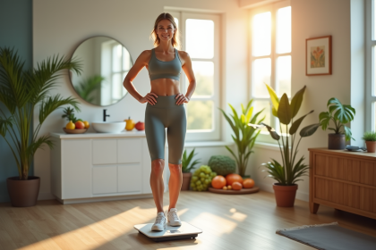 Femme sportive souriante sur une balance numérique dans une maison lumineuse