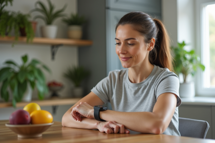 Femme sportive regardant son tracker fitness dans la cuisine