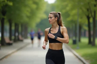 Femme sportive marchant dans un parc urbain avec montre connectée
