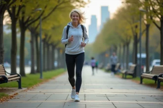 Femme en tenue de sport marchant dans un parc urbain