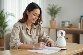 Femme examinant le système Indiva à son bureau avec attention et le manuel d'utilisation ouvert