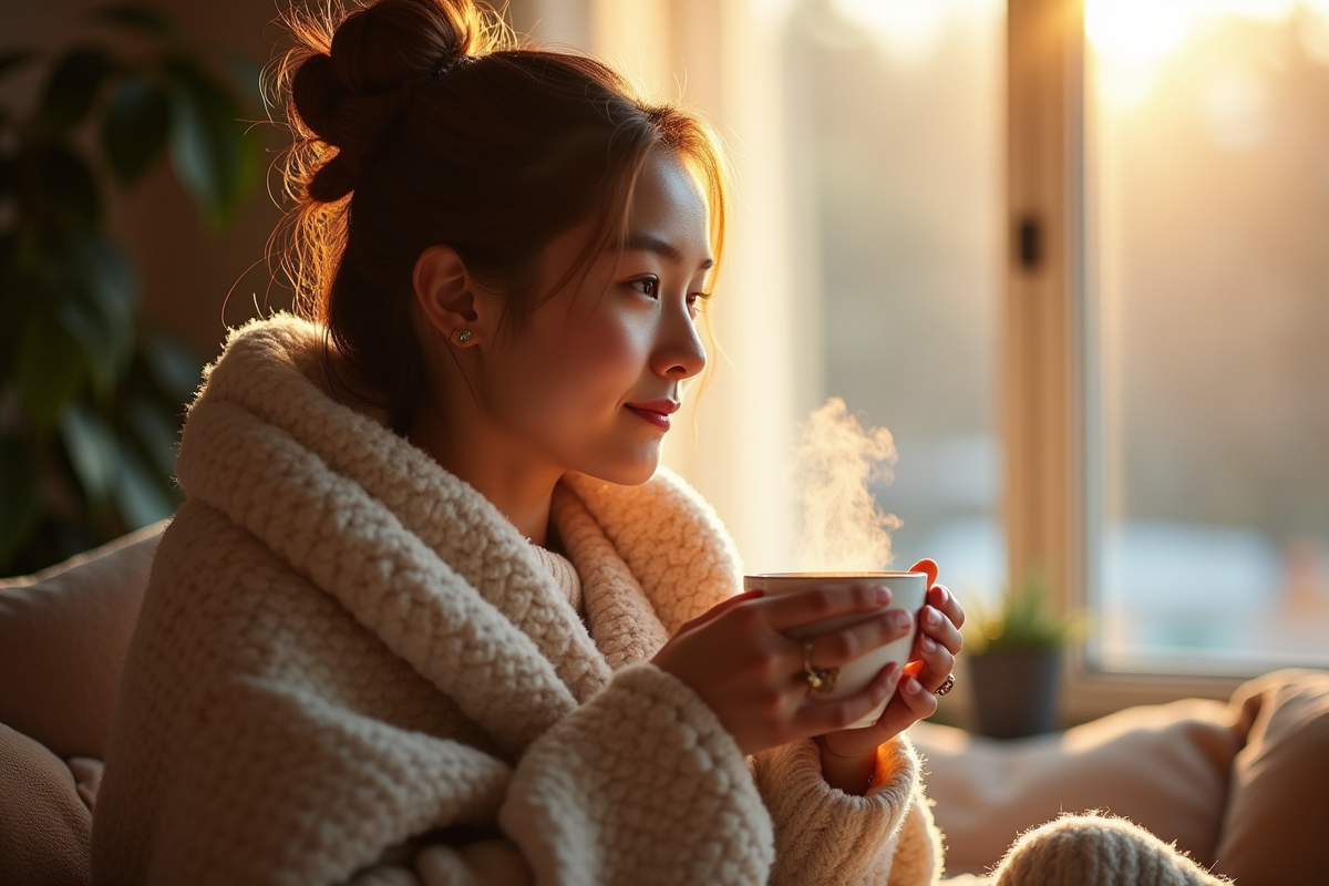 Jeune femme avec tasse de tisane près de la fenêtre
