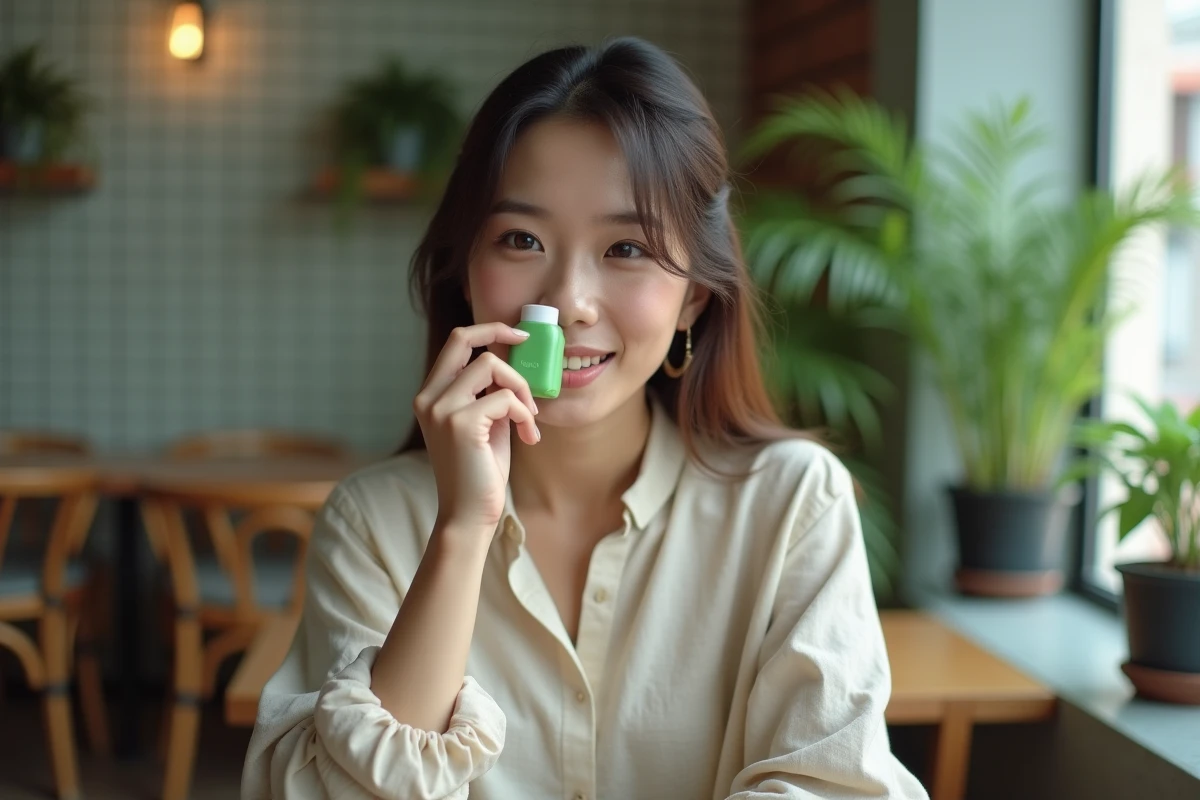 Jeune femme utilisant un inhaleur yadom thaïlandais dans un café urbain, tenant le stick sous son nez avec une expression de soulagement naturelle
