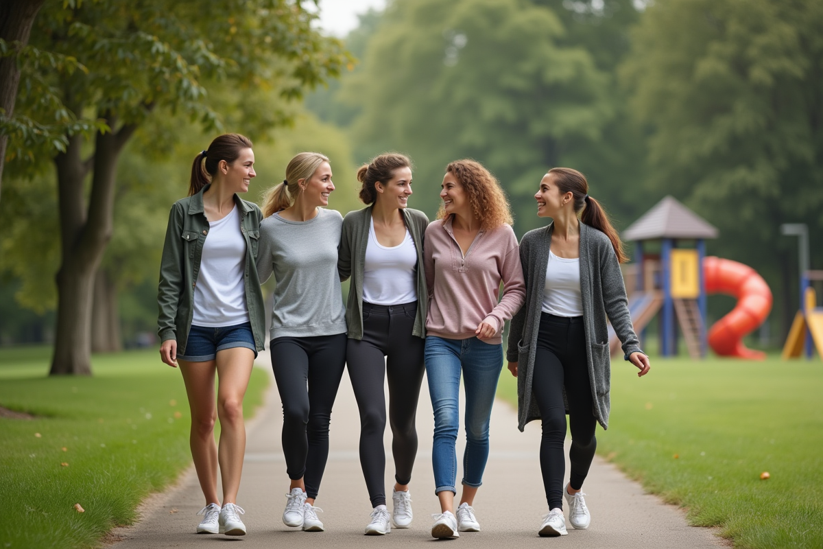 Groupe de femmes discutant en marchant dans un parc