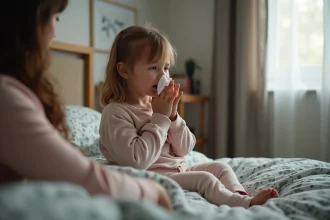 Jeune fille malade assise sur le lit dans une chambre chaleureuse