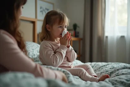 Jeune fille malade assise sur le lit dans une chambre chaleureuse