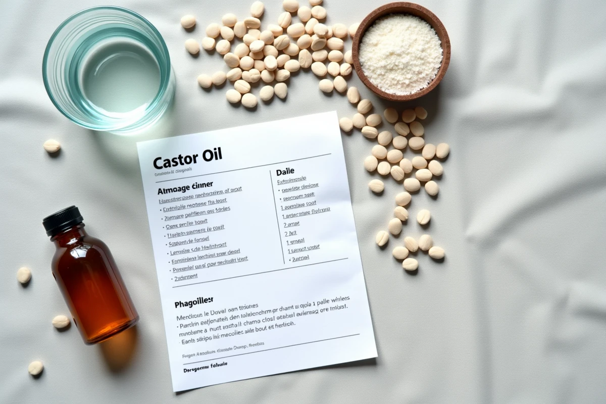 Vue à plat d'une bouteille d'huile de ricin, une notice pharmaceutique avec tableau de dosage et un verre d'eau sur du lin gris, illustrant les risques de toxicité liés à la dose laxative