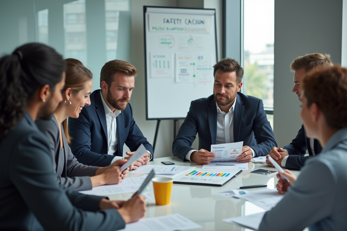 Groupe de collègues en formation sécurité au bureau