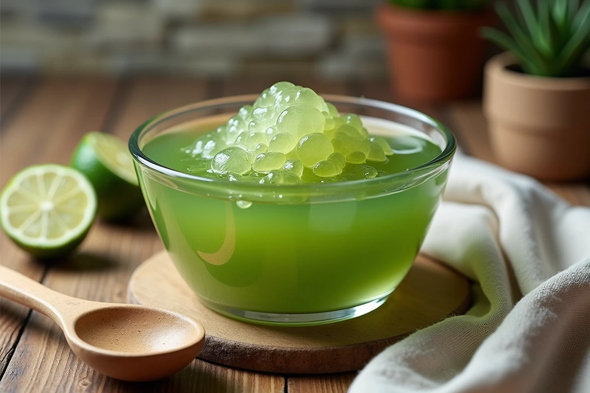 Bol en verre contenant du gel de sea moss fraîchement préparé posé sur une table en bois rustique avec citron vert et cuillère en céramique