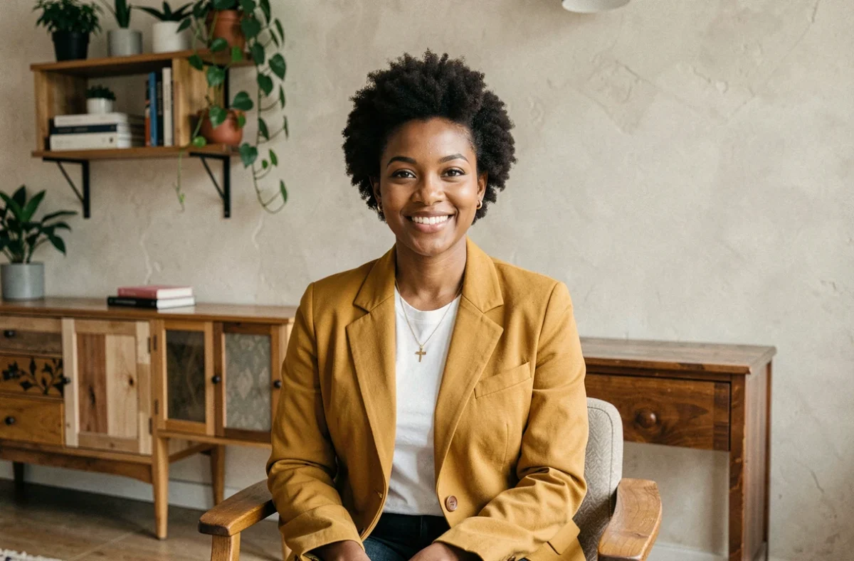 Psychologue femme à Lyon, veste jaune moutarde, cheveux afro naturels, dans un cabinet aux tons chaleureux