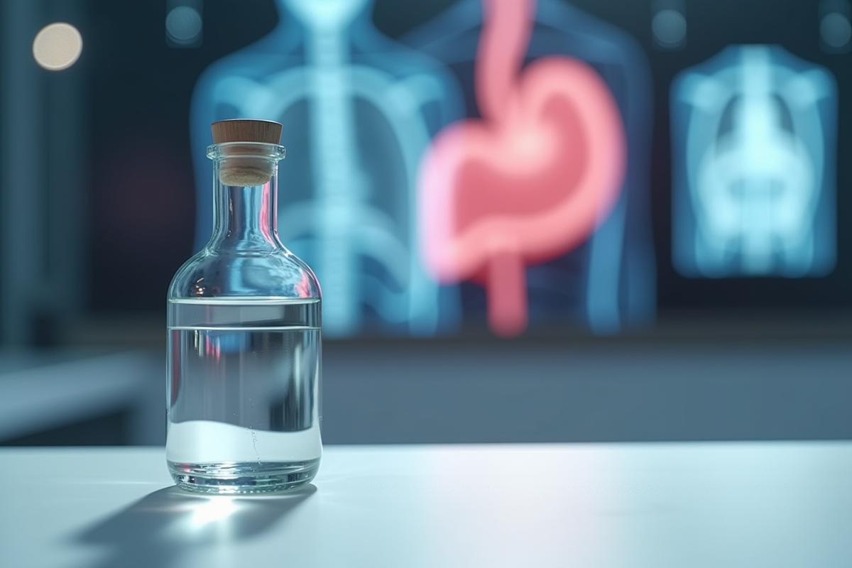 Verre de gin avec scanner hépatique en arrière-plan flou