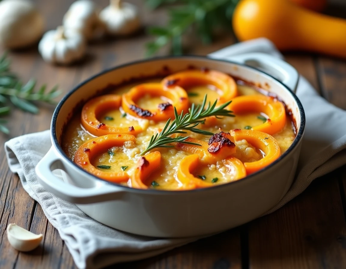Gratin de butternut r&ocirc;ti dor&eacute; et caram&eacute;lis&eacute; dans un plat en c&eacute;ramique ovale sur une table de ferme rustique avec ail et romarin