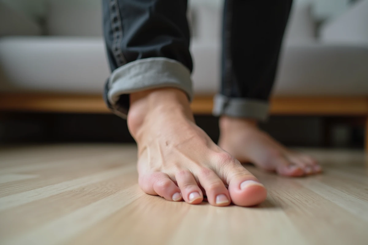 Gros plan sur la face externe du pied et de la cheville, auto-palpation du trajet du nerf sural à domicile
