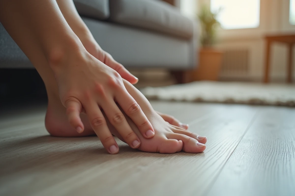 Gros plan sur le dessus d'un pied nu posé sur un parquet, une main pressant la zone douloureuse, illustrant la douleur au haut du pied après le lever