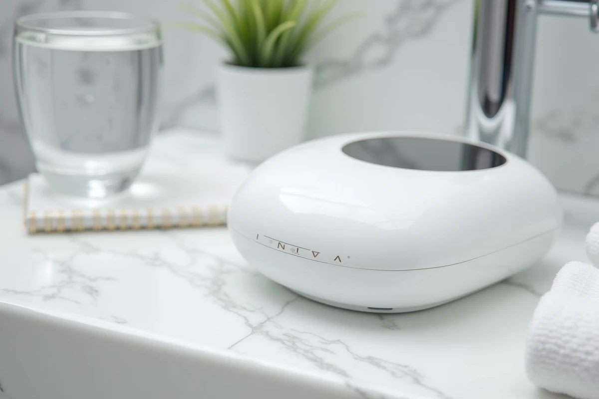Gros plan du système Indiva posé sur un plan vasque avec accessoires de routine bien-être