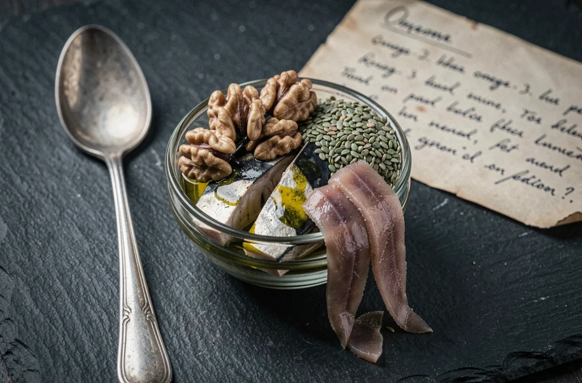 Gros plan sur un bol contenant des noix, du maquereau, des graines de chanvre et des anchois posés sur une ardoise sombre pour illustrer les sources d'oméga 3