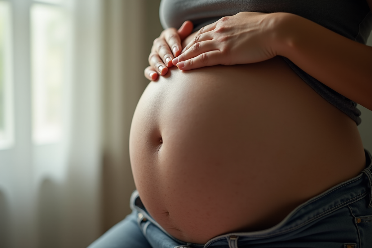 Mains posées sur le ventre de la femme enceinte