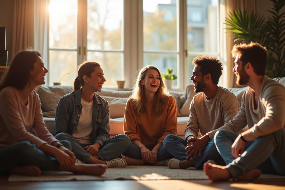 Groupe d'amis riant en écoutant de la musique dans le salon