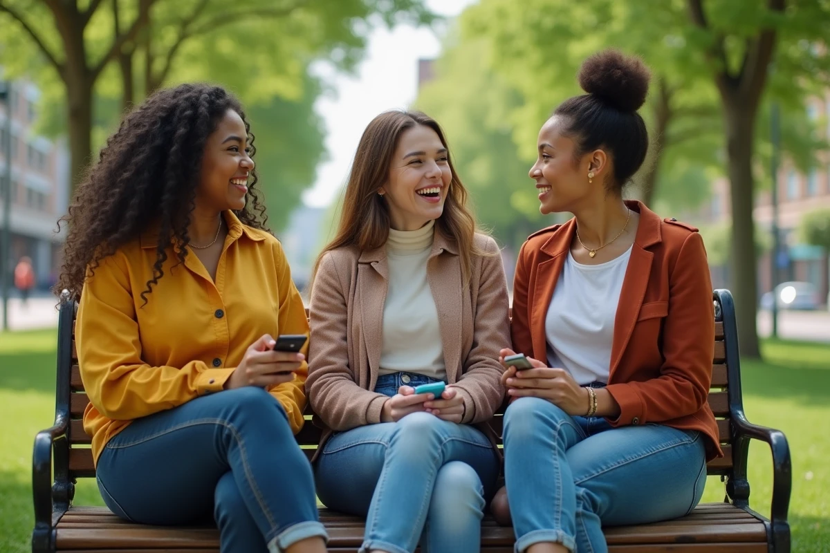 Trois femmes discutant avec des produits dans un parc