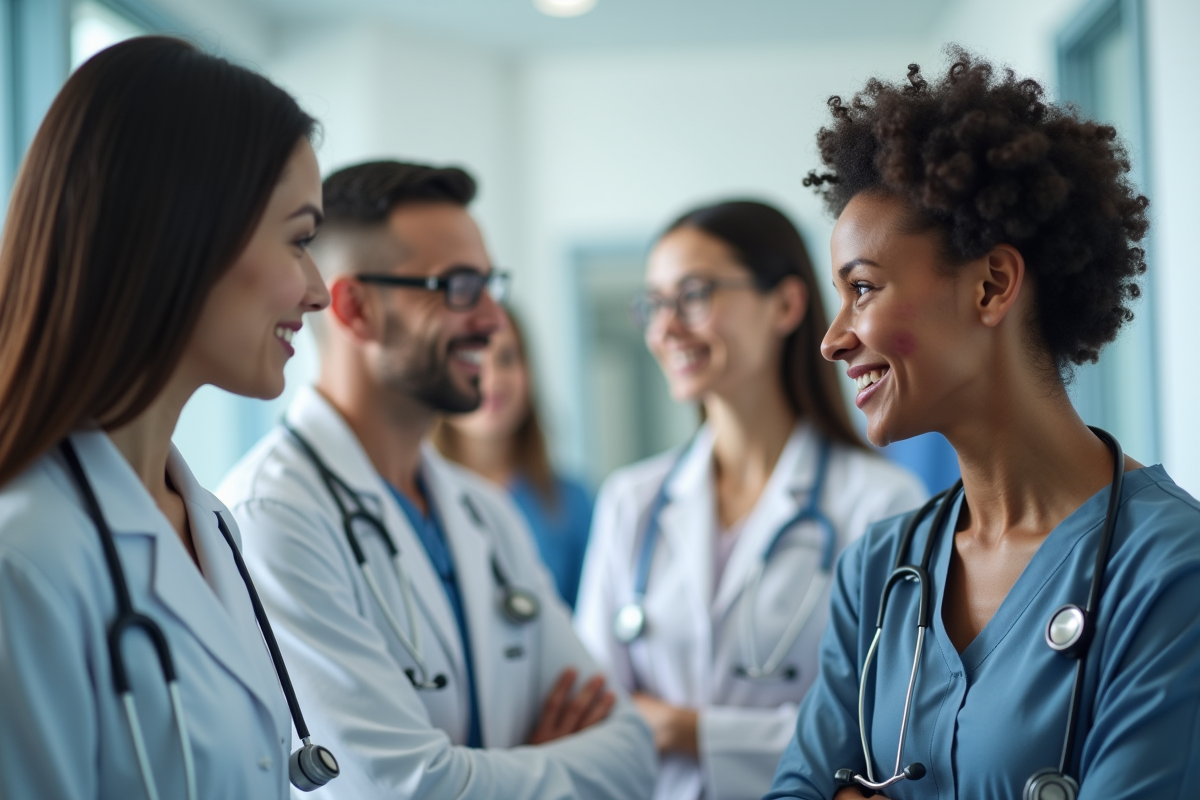 Groupe de personnes dans un cabinet médical avec un patient montrant une éruption