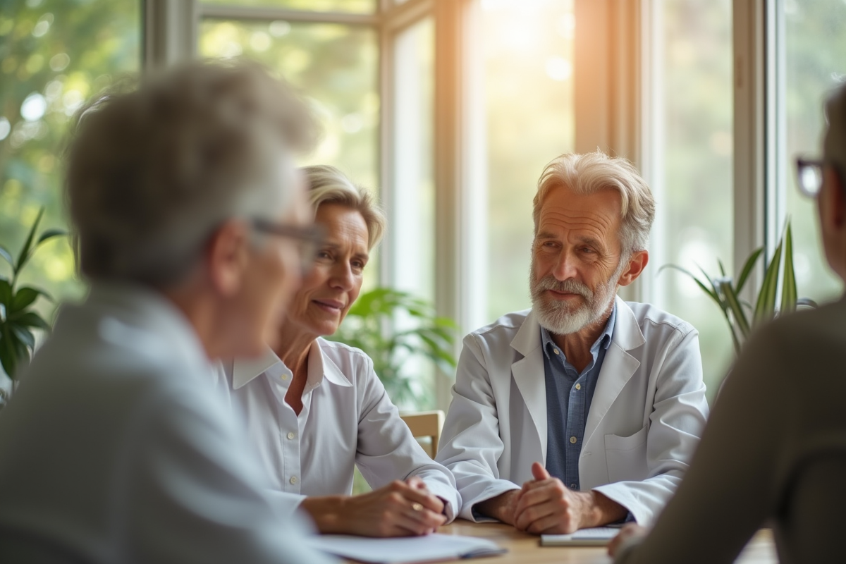Groupe de naturopathes en consultation lumineuse