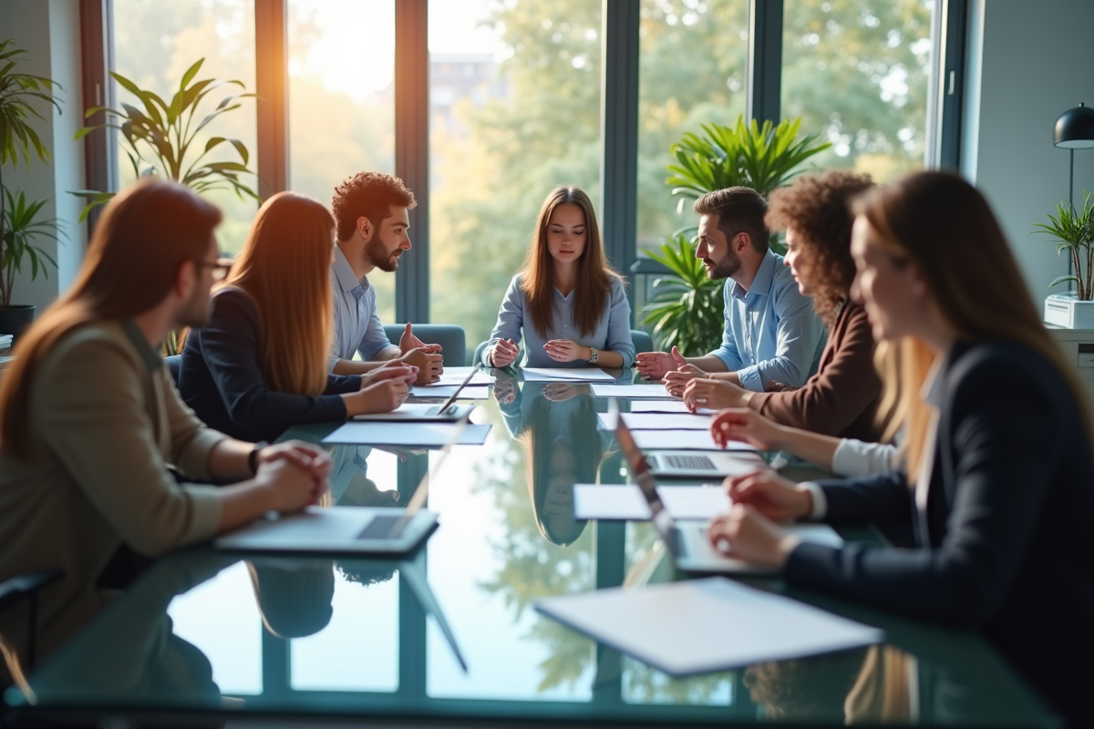 Groupe de professionnels dans un bureau lumineux en réunion