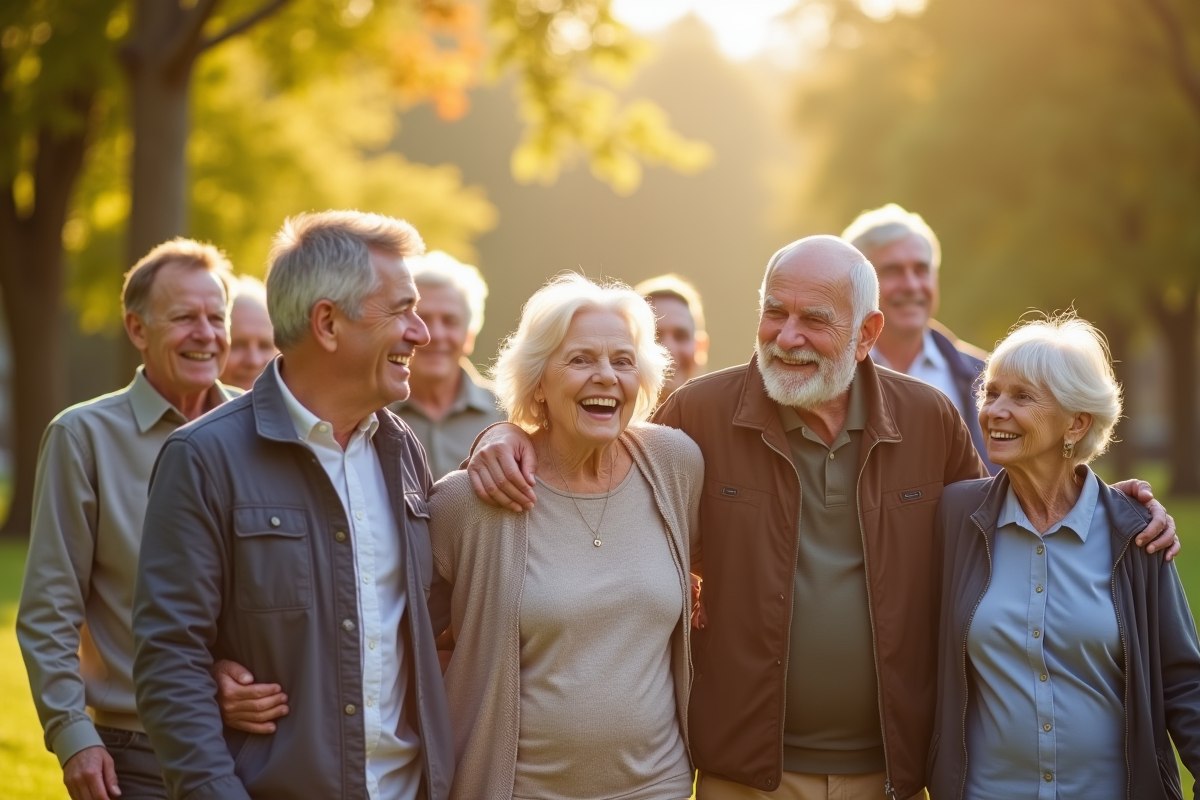 Groupe de seniors souriants dans un parc ensoleille