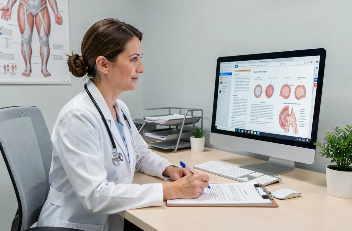 Gynécologue féminine en consultation analysant des résultats de cytologie cervicale sur ordinateur pour le suivi d'une lésion malpighienne de haut grade