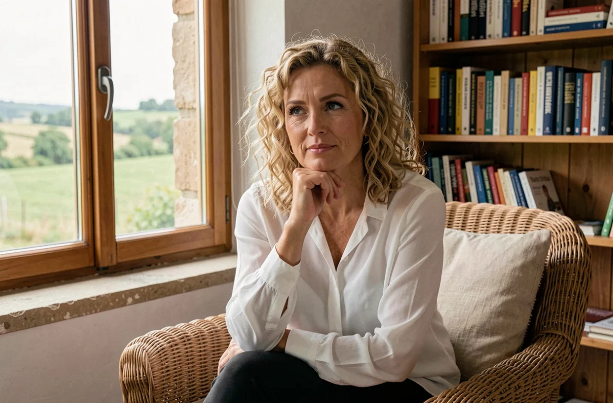 Psychologue clinicienne à Messimy, cheveux bouclés blonds, dans un cabinet avec vue sur la campagne