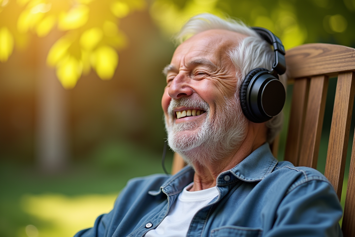 Homme âgé souriant avec des écouteurs dans un jardin ensoleillé