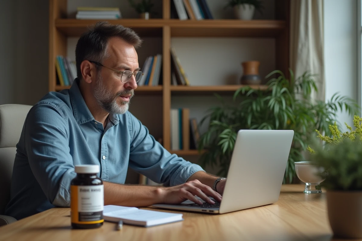 Homme consultant les avis clients sur un complément minceur devant son ordinateur portable