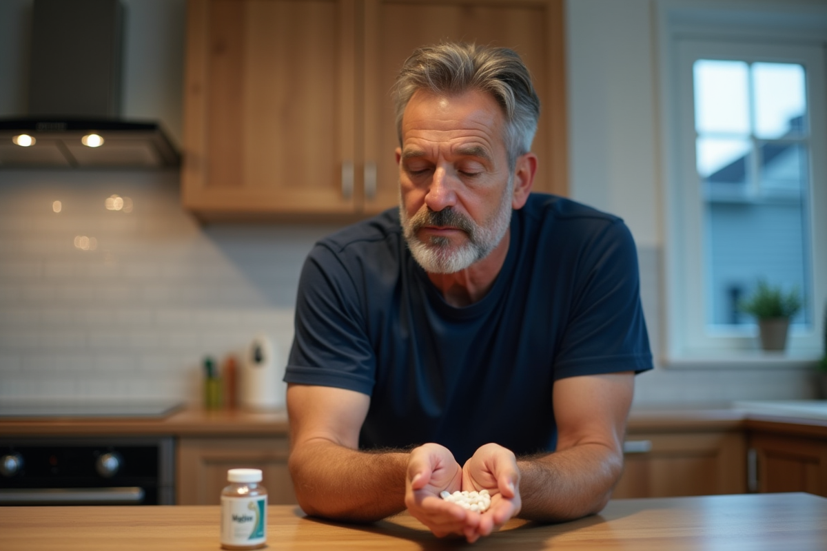 Homme versant des capsules de magnesium dans la main