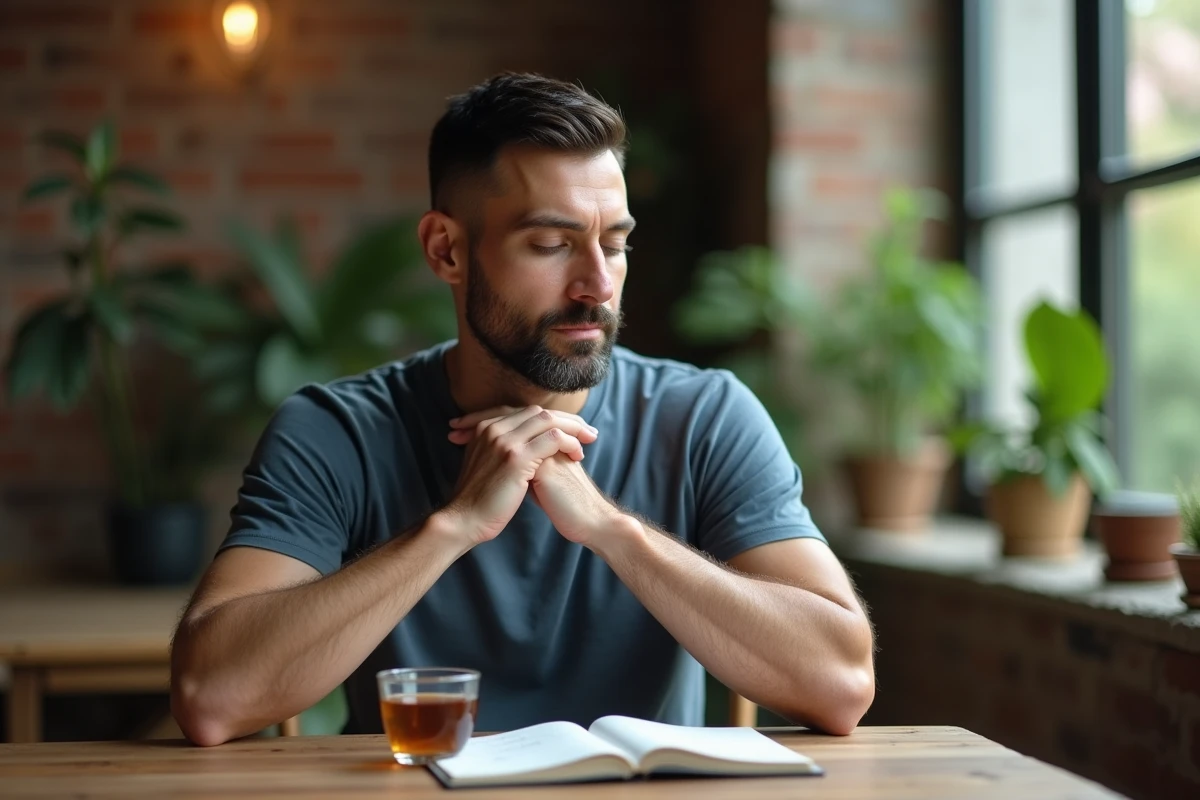 Homme pratiquant une technique de conscience corporelle pour identifier les symptômes d'un chakra gorge bloqué