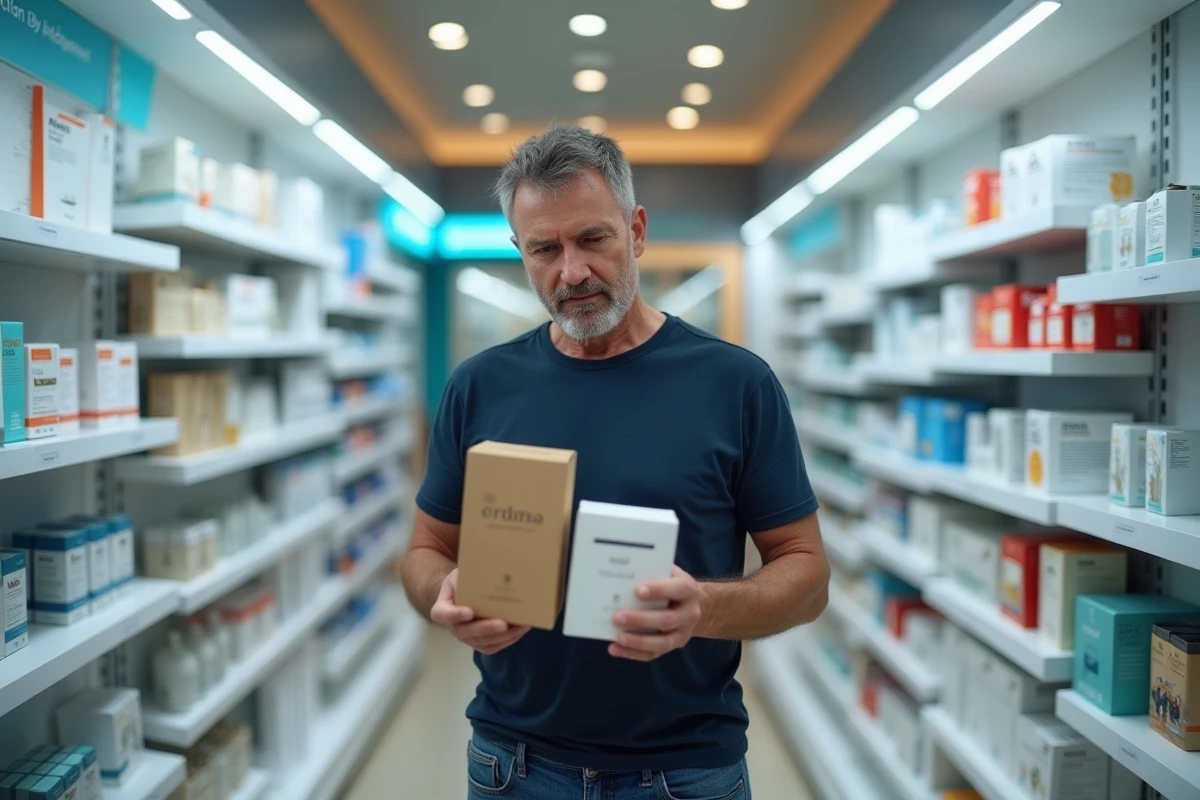 Homme comparant le système Indiva avec d'autres produits dans un rayon de parapharmacie