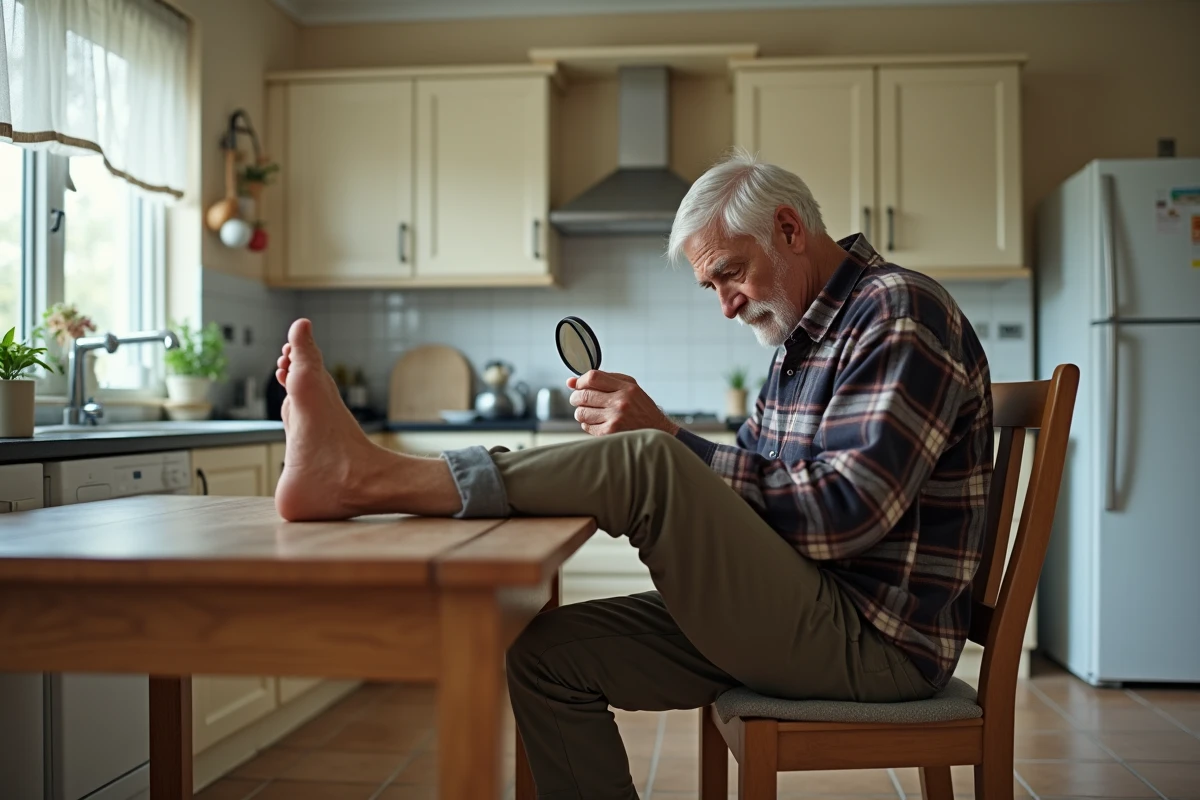 Homme âgé inspectant son pied dans une cuisine lumineuse
