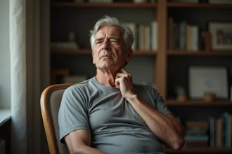 Homme d'âge mûr tenant son cou et ressentant un engourdissement du bras, symptôme de rétrécissement foraminal C5-C6