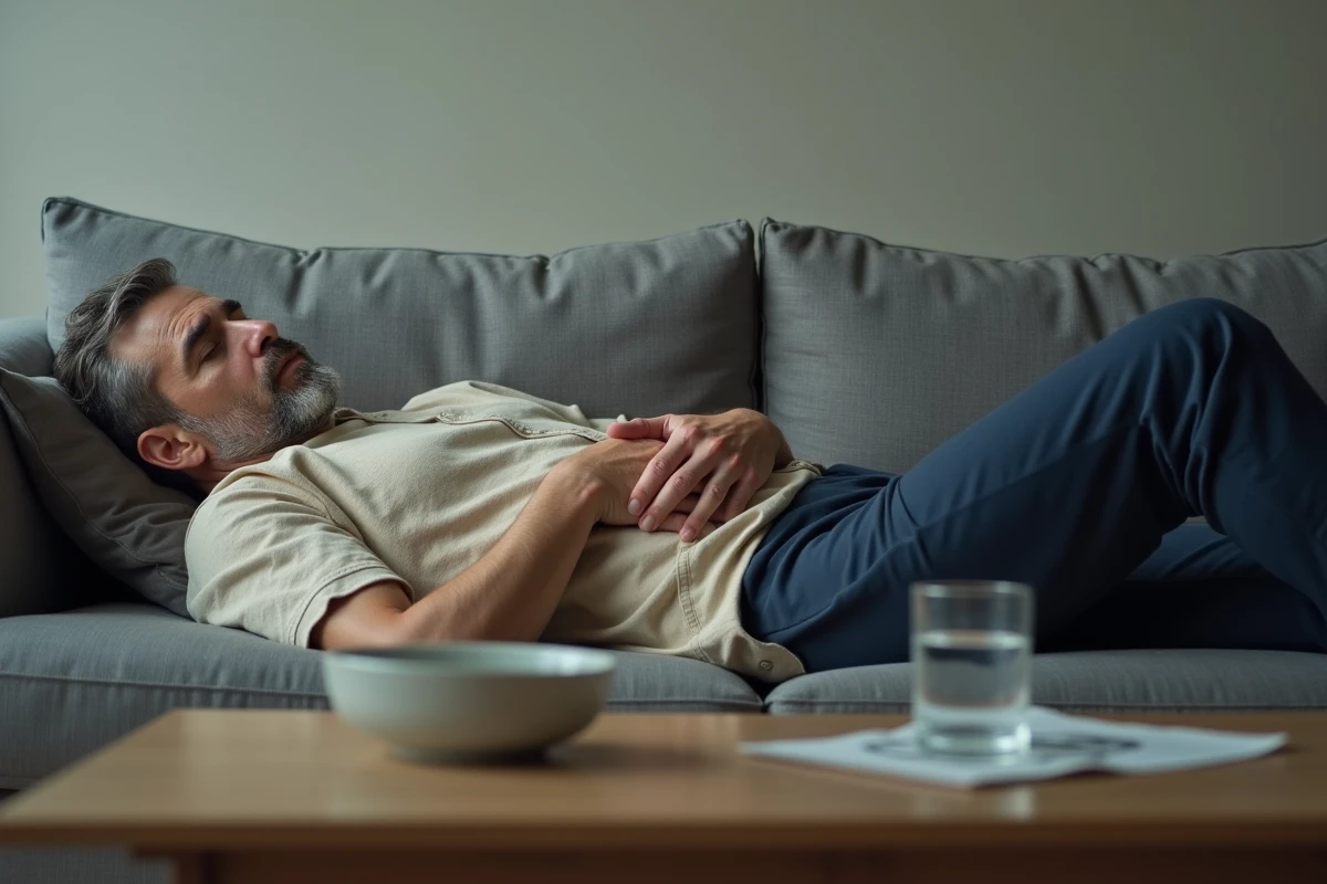 Homme épuisé allongé sur un canapé avec un bol non touché sur la table, représentant la fatigue extrême et les conséquences du manque de nourriture
