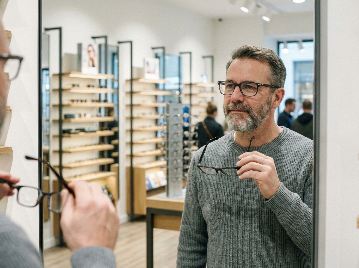 Homme d'âge mûr essayant des lunettes devant un miroir dans un magasin d'optique