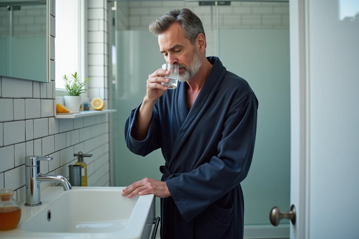 Homme en robe de chambre se gargarisant dans la salle de bain avant de dormir pour calmer la toux
