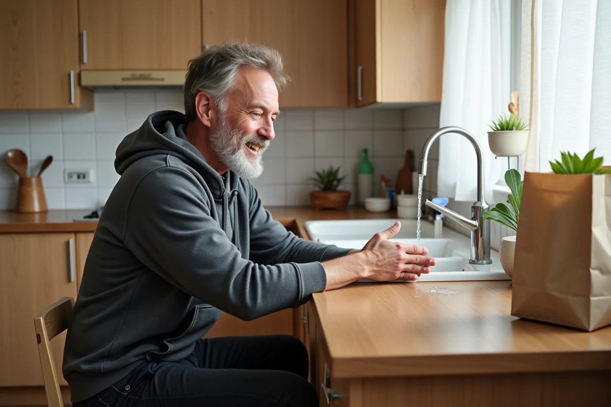 Homme appliquant du gel hydroalcoolique dans sa cuisine en réponse aux recommandations sanitaires liées au nouveau variant Covid