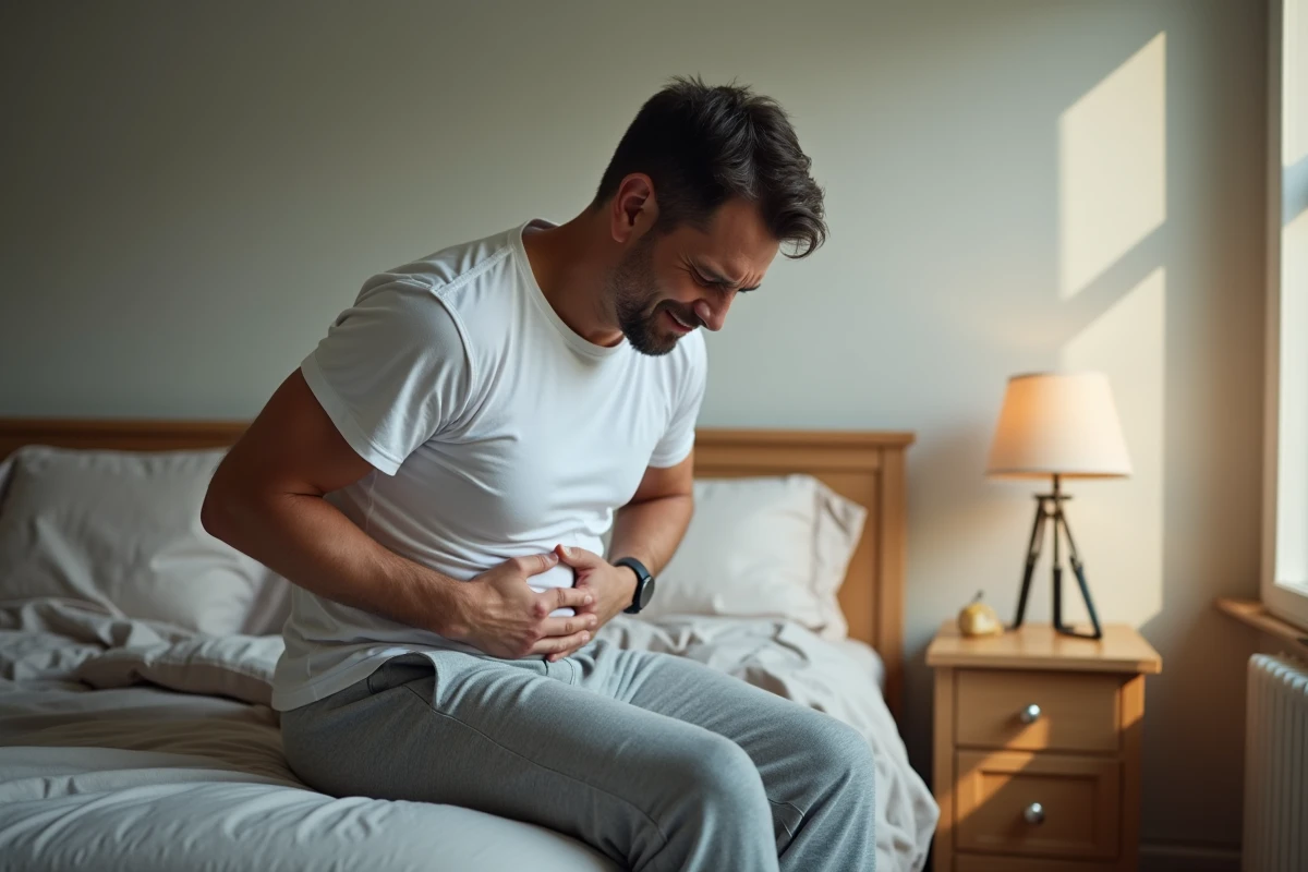 Homme à domicile ressentant une gêne au niveau des ganglions inguinaux