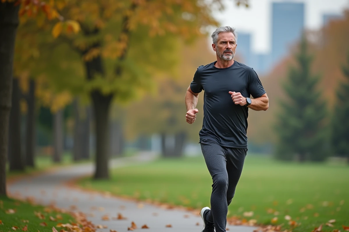 Homme courant dans un parc en automne