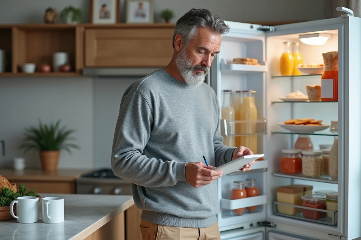 Homme faisant une liste dans la cuisine avec frigo ouvert