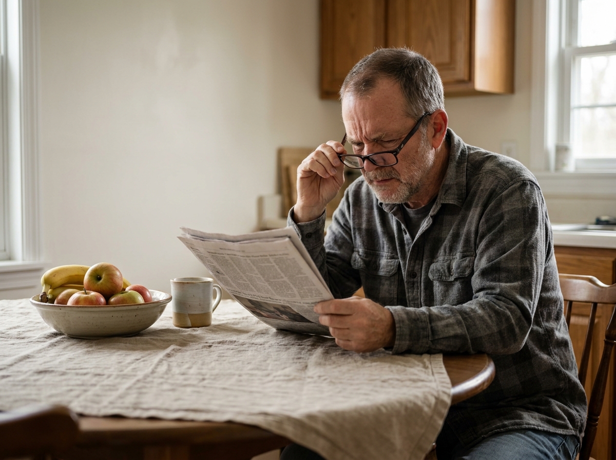 Homme de 60 ans ayant du mal à lire le journal en raison d'une vue qui baisse, avec des lunettes de lecture