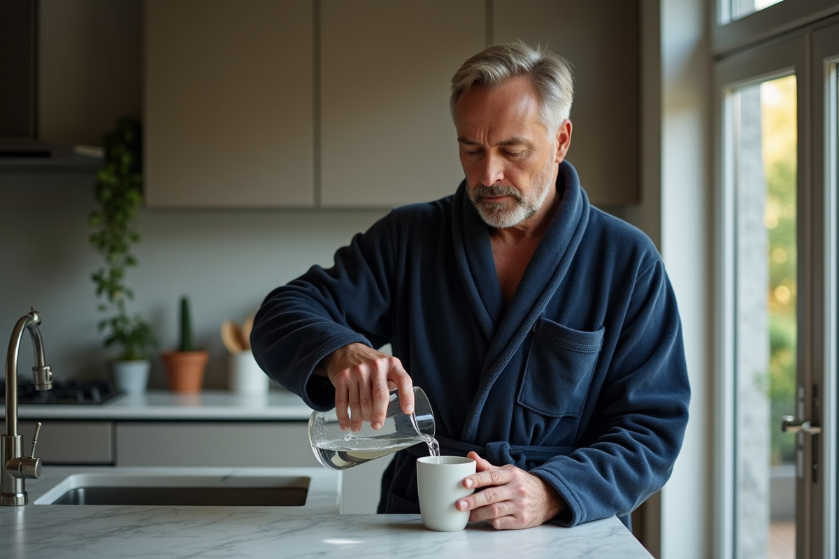Homme en robe de chambre versant de l