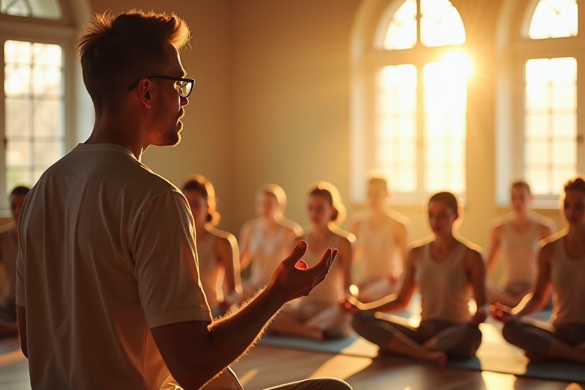 Homme menant une méditation dans une salle lumineuse