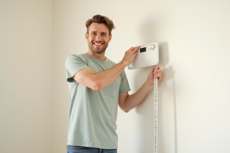 Jeune homme souriant avec balance digitale et mètre ruban