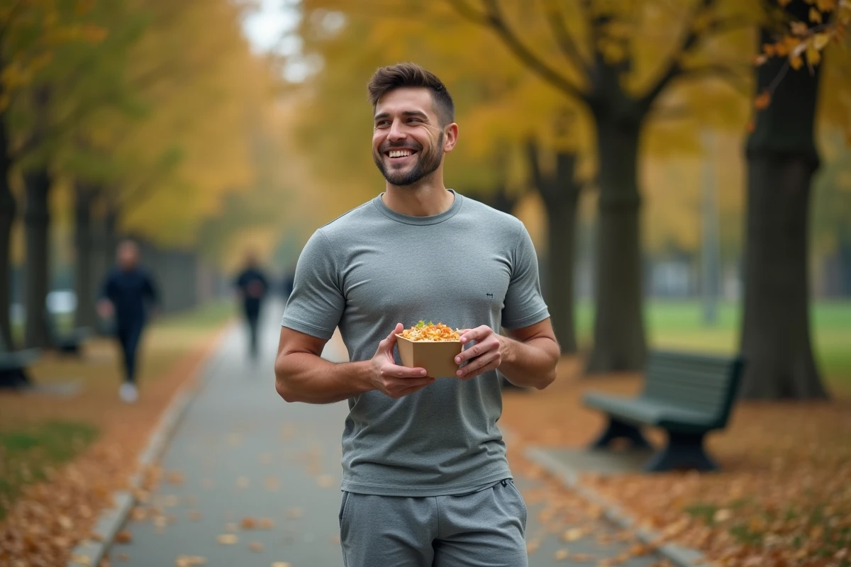 Homme sportif mangeant un repas dans un parc en automne